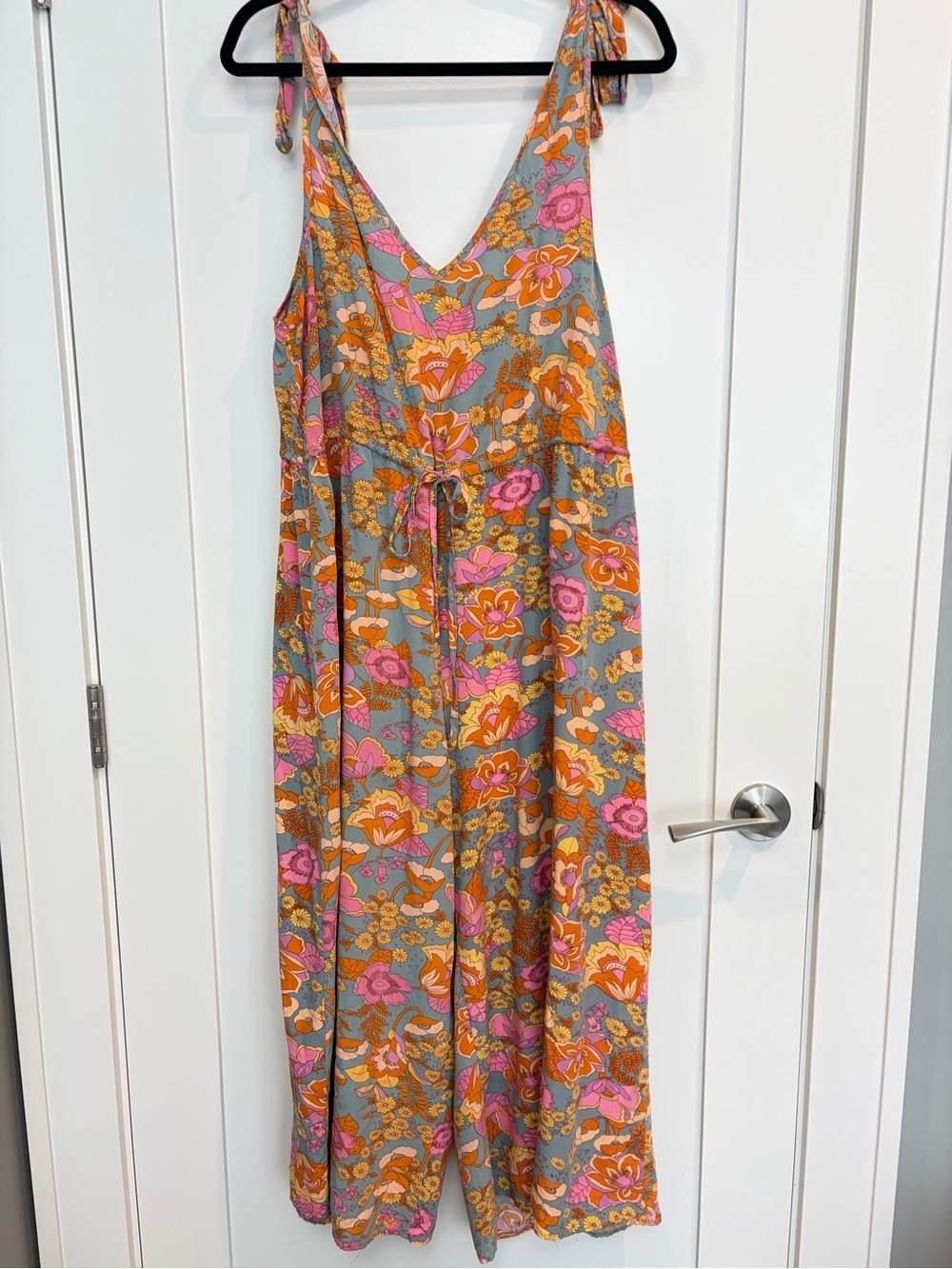 Rusttydustty Floral Tie Shoulder Wide Leg Jumpsuit XL Boho
